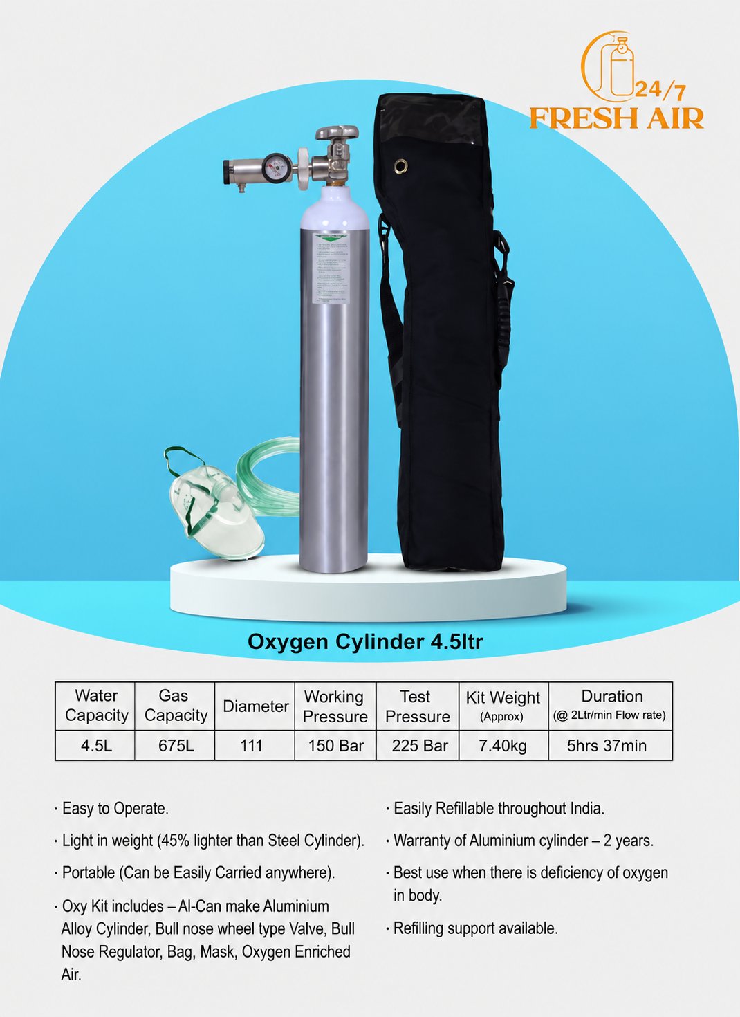 Oxygen cylinder kit with regulator, mask and bag