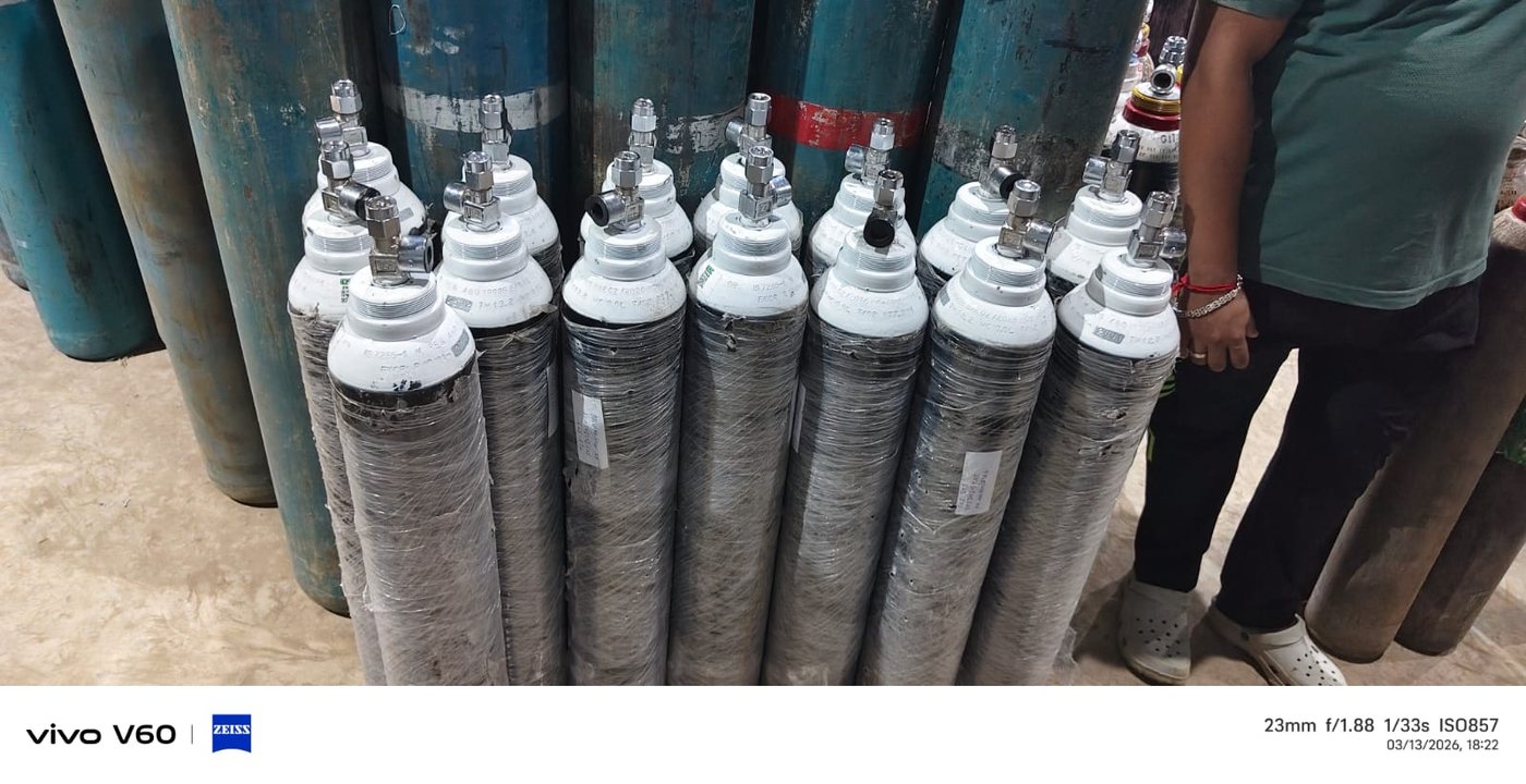 Rows of medical oxygen cylinders ready for delivery at FreshAir