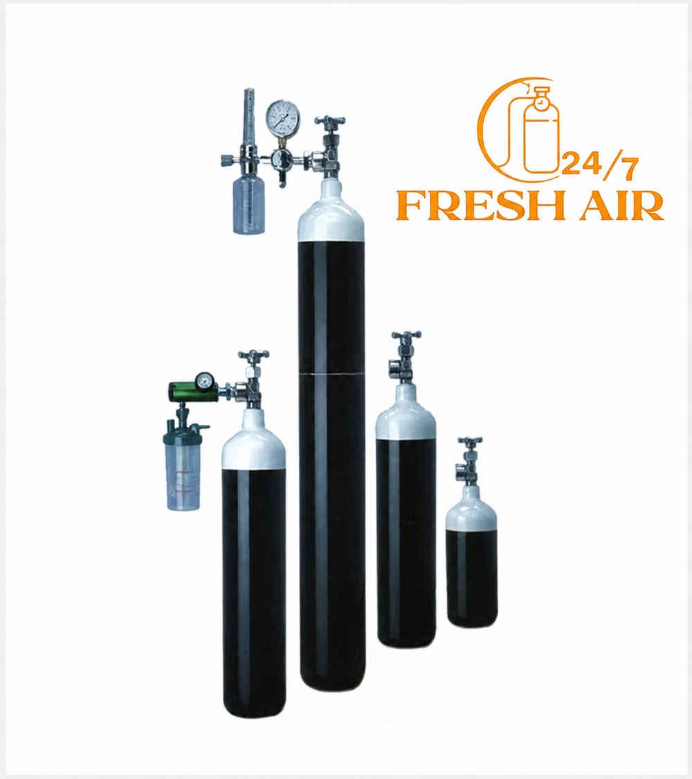 Group of oxygen cylinders in different sizes